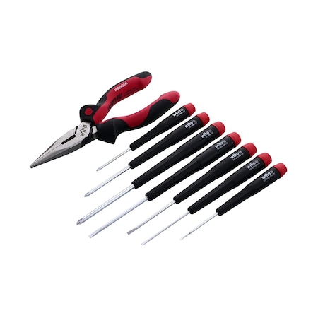 Wiha Slotted and Phillips Screwdriver Set with Professional 6.3-in. Long Nose Pliers, 8 Piece 26190